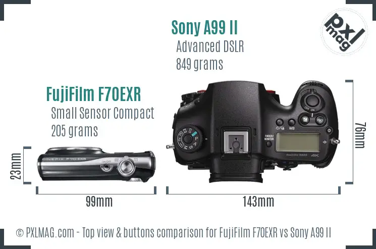 FujiFilm F70EXR vs Sony A99 II top view buttons comparison