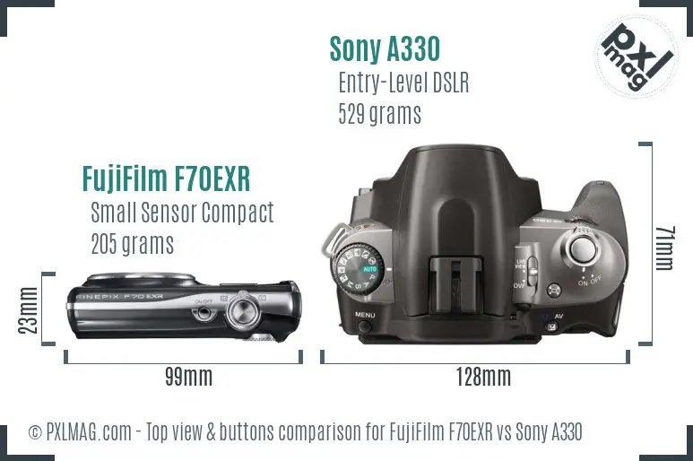 FujiFilm F70EXR vs Sony A330 top view buttons comparison