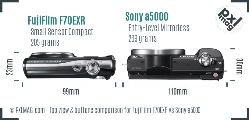 FujiFilm F70EXR vs Sony a5000 top view buttons comparison FujiFilm F70EXR vs Sony a5000 top view buttons comparison