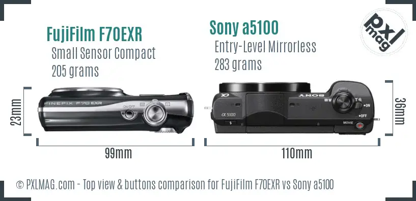FujiFilm F70EXR vs Sony a5100 top view buttons comparison