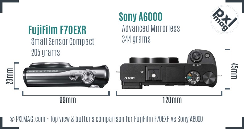 FujiFilm F70EXR vs Sony A6000 top view buttons comparison