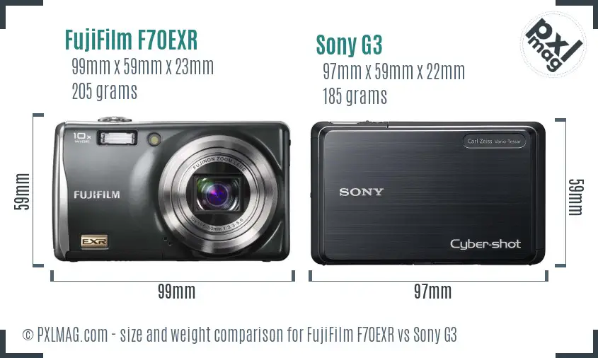 FujiFilm F70EXR vs Sony G3 size comparison FujiFilm F70EXR vs Sony G3 size comparison