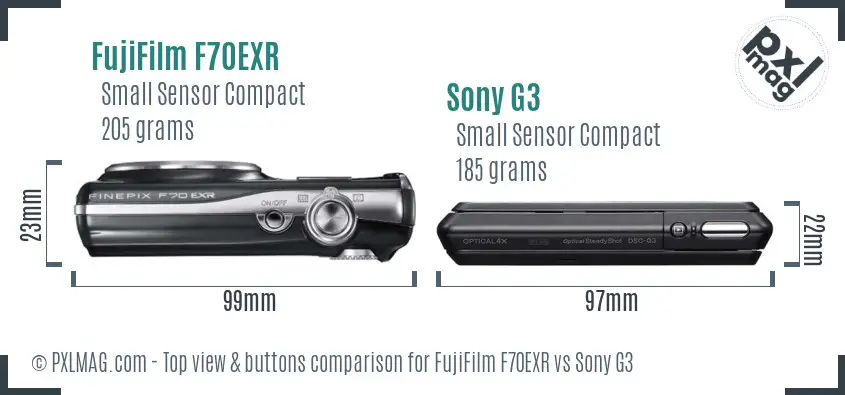 FujiFilm F70EXR vs Sony G3 top view buttons comparison FujiFilm F70EXR vs Sony G3 top view buttons comparison