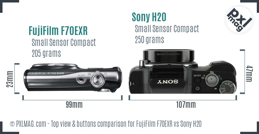 FujiFilm F70EXR vs Sony H20 top view buttons comparison