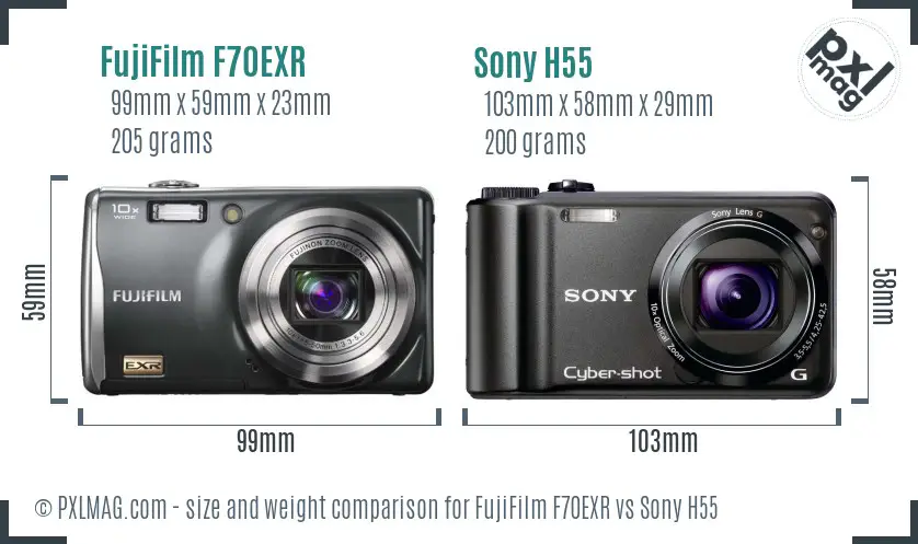 FujiFilm F70EXR vs Sony H55 size comparison