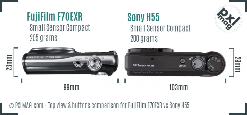 FujiFilm F70EXR vs Sony H55 top view buttons comparison