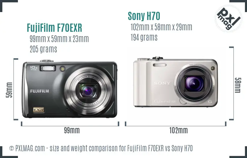 FujiFilm F70EXR vs Sony H70 size comparison