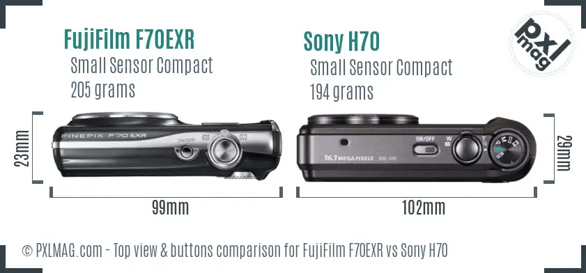 FujiFilm F70EXR vs Sony H70 top view buttons comparison