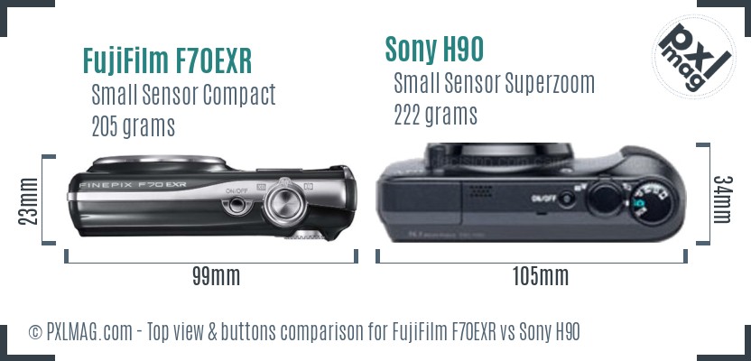 FujiFilm F70EXR vs Sony H90 top view buttons comparison