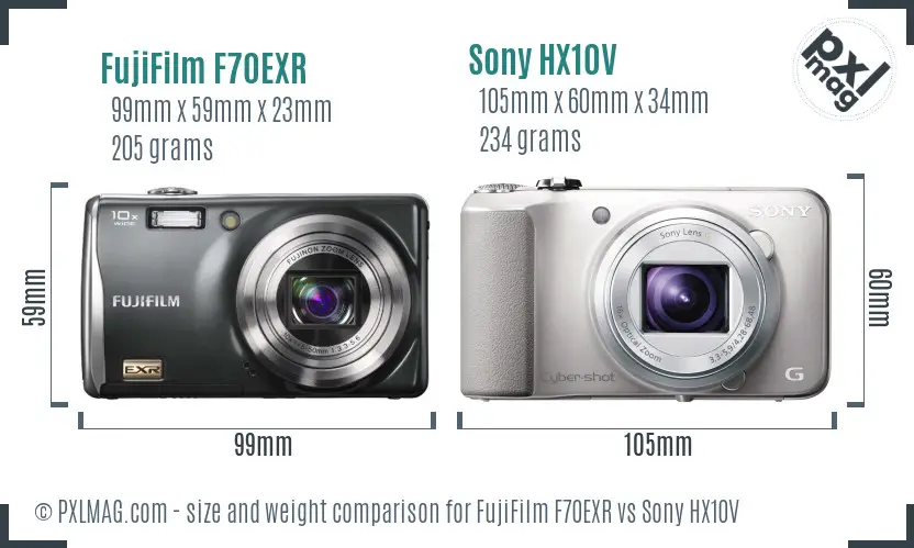 FujiFilm F70EXR vs Sony HX10V size comparison FujiFilm F70EXR vs Sony HX10V size comparison