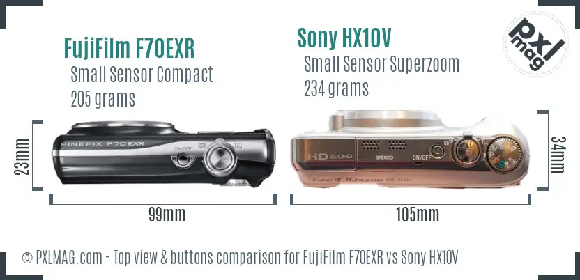 FujiFilm F70EXR vs Sony HX10V top view buttons comparison FujiFilm F70EXR vs Sony HX10V top view buttons comparison