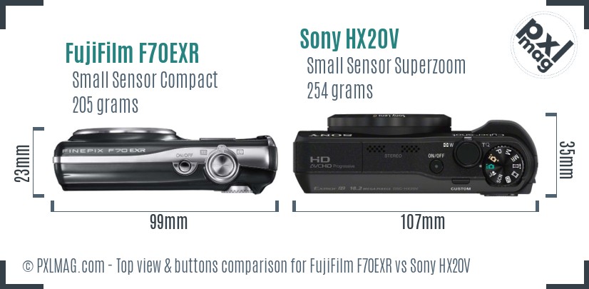 FujiFilm F70EXR vs Sony HX20V top view buttons comparison