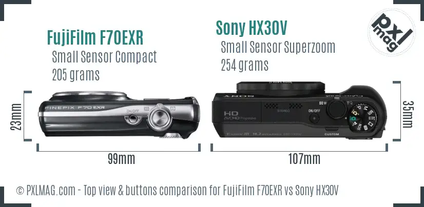 FujiFilm F70EXR vs Sony HX30V top view buttons comparison