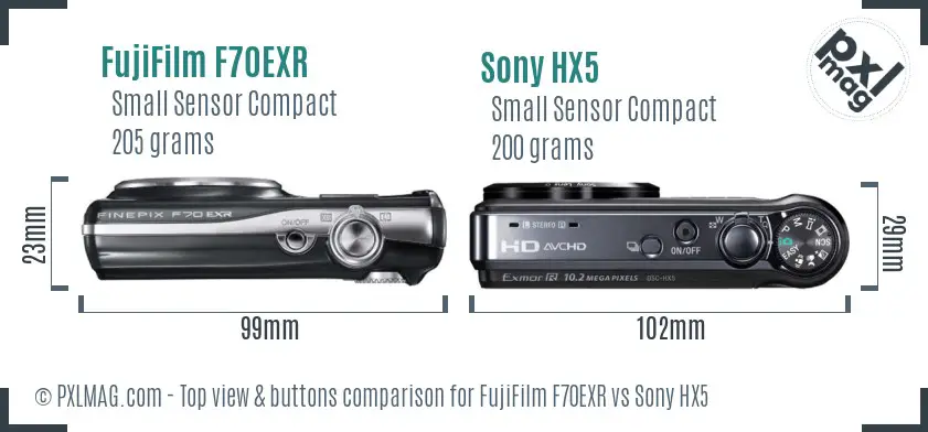FujiFilm F70EXR vs Sony HX5 top view buttons comparison