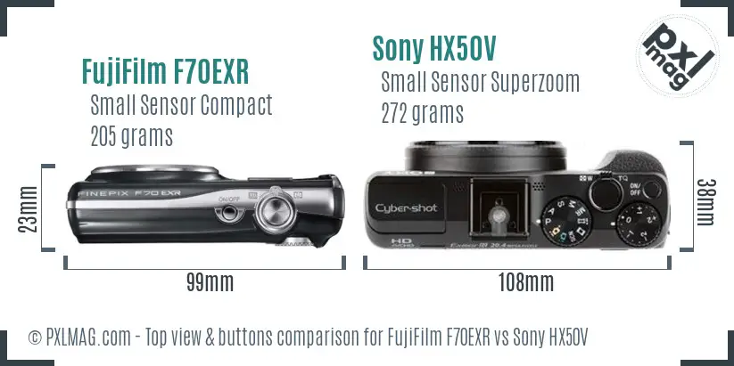 FujiFilm F70EXR vs Sony HX50V top view buttons comparison