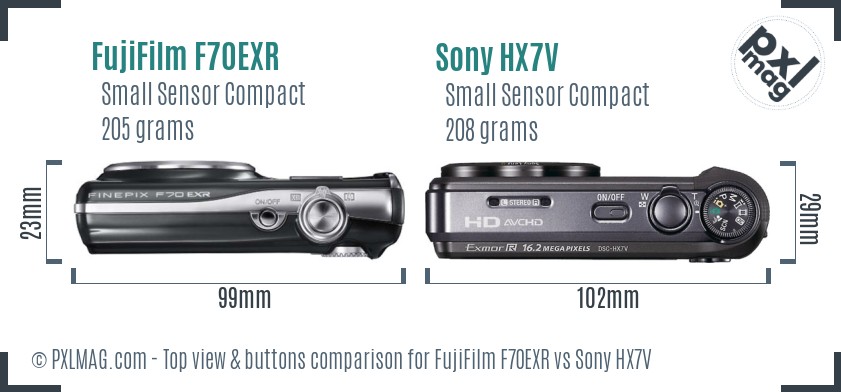 FujiFilm F70EXR vs Sony HX7V top view buttons comparison