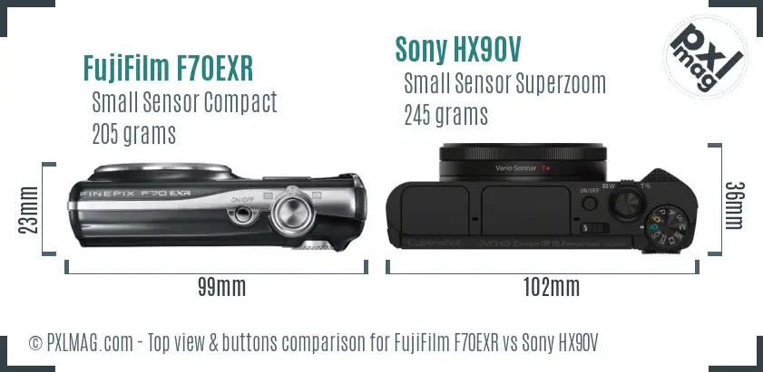 FujiFilm F70EXR vs Sony HX90V top view buttons comparison