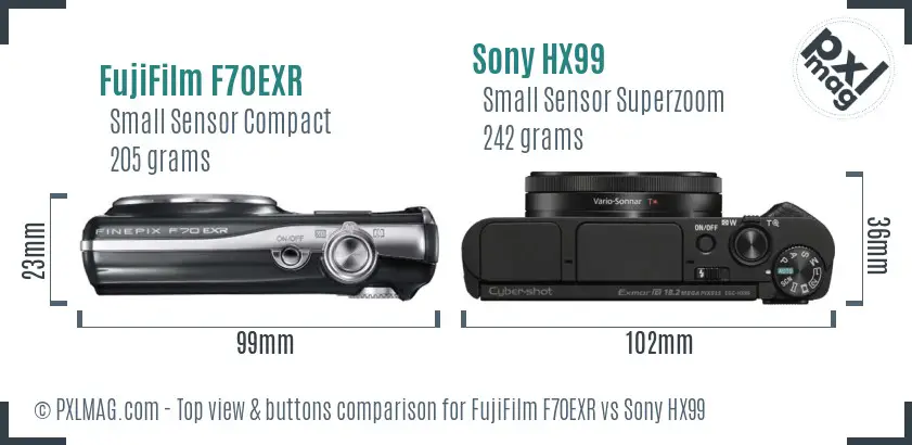 FujiFilm F70EXR vs Sony HX99 top view buttons comparison