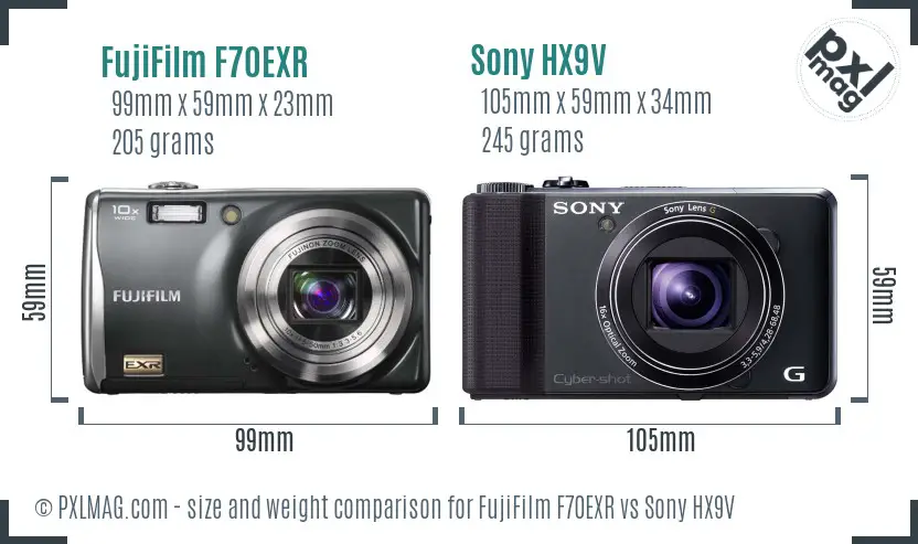 FujiFilm F70EXR vs Sony HX9V size comparison
