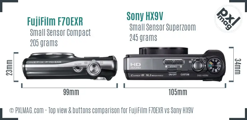 FujiFilm F70EXR vs Sony HX9V top view buttons comparison