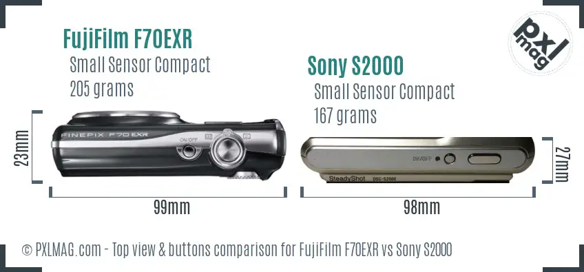 FujiFilm F70EXR vs Sony S2000 top view buttons comparison