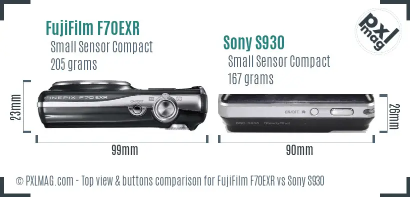 FujiFilm F70EXR vs Sony S930 top view buttons comparison FujiFilm F70EXR vs Sony S930 top view buttons comparison