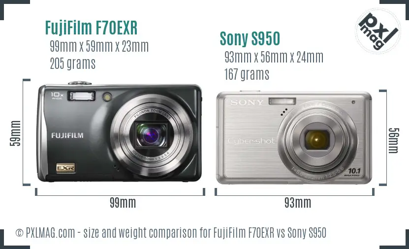FujiFilm F70EXR vs Sony S950 size comparison