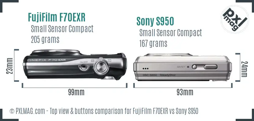 FujiFilm F70EXR vs Sony S950 top view buttons comparison