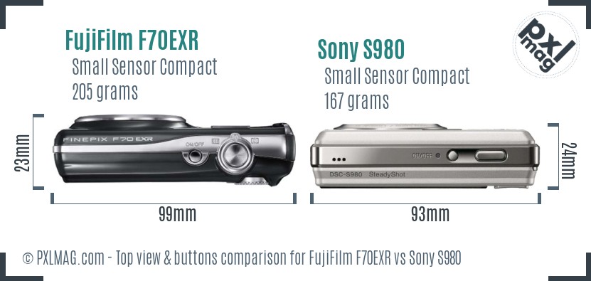 FujiFilm F70EXR vs Sony S980 top view buttons comparison
