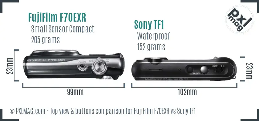 FujiFilm F70EXR vs Sony TF1 top view buttons comparison FujiFilm F70EXR vs Sony TF1 top view buttons comparison