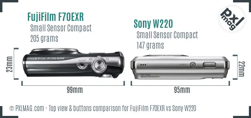 FujiFilm F70EXR vs Sony W220 top view buttons comparison