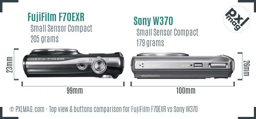 FujiFilm F70EXR vs Sony W370 top view buttons comparison