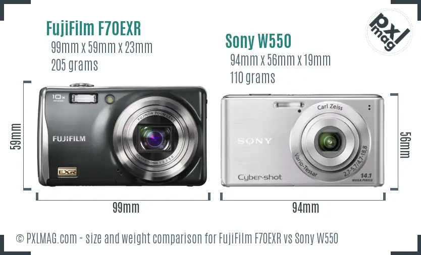 FujiFilm F70EXR vs Sony W550 size comparison