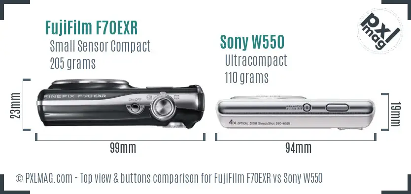 FujiFilm F70EXR vs Sony W550 top view buttons comparison