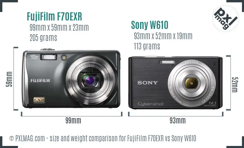 FujiFilm F70EXR vs Sony W610 size comparison