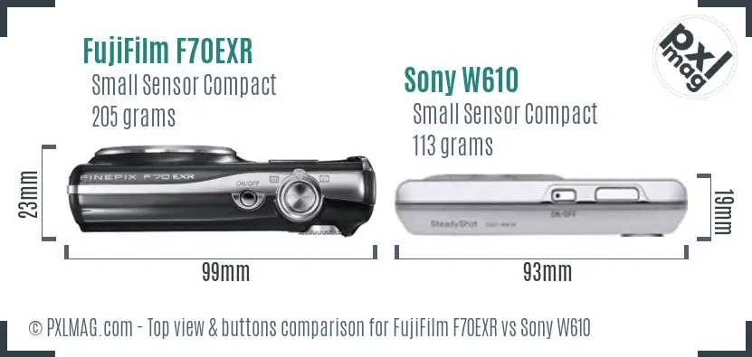 FujiFilm F70EXR vs Sony W610 top view buttons comparison