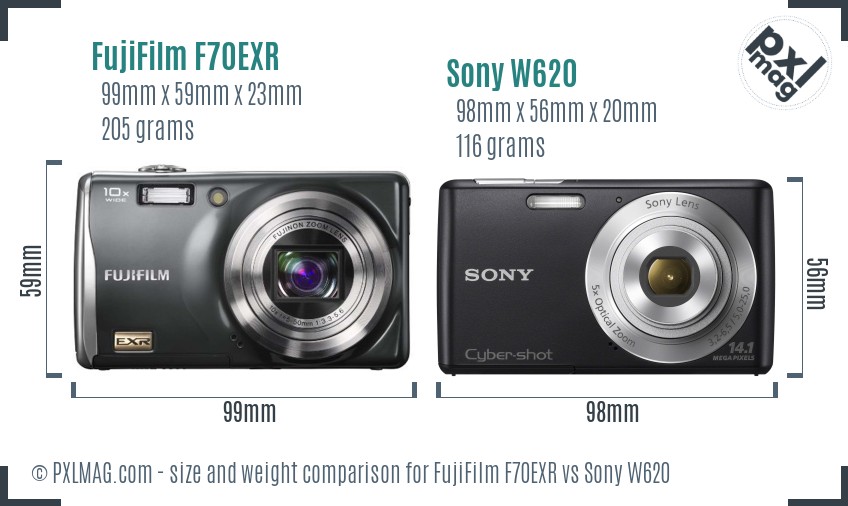 FujiFilm F70EXR vs Sony W620 size comparison