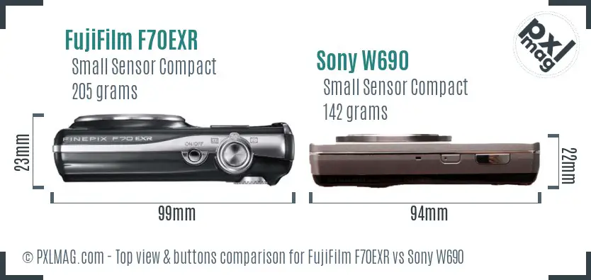 FujiFilm F70EXR vs Sony W690 top view buttons comparison