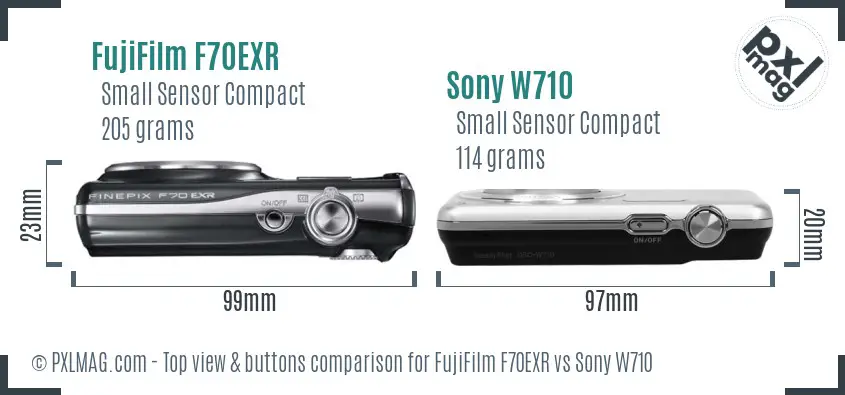 FujiFilm F70EXR vs Sony W710 top view buttons comparison FujiFilm F70EXR vs Sony W710 top view buttons comparison