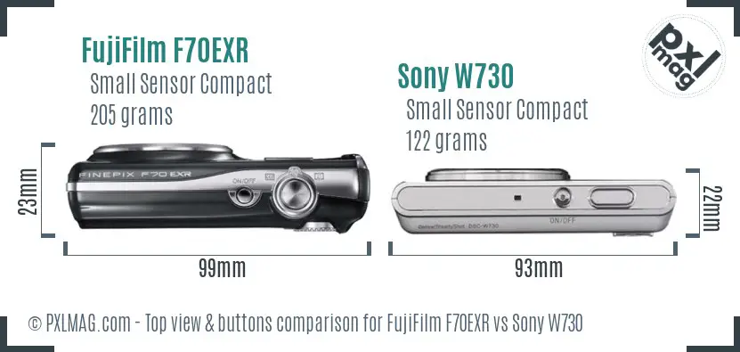 FujiFilm F70EXR vs Sony W730 top view buttons comparison