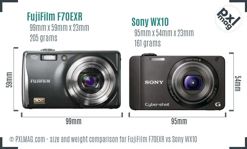 FujiFilm F70EXR vs Sony WX10 size comparison