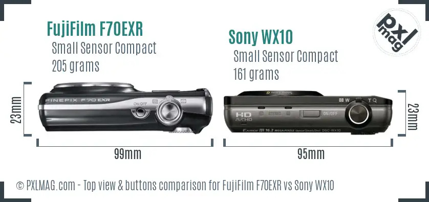 FujiFilm F70EXR vs Sony WX10 top view buttons comparison