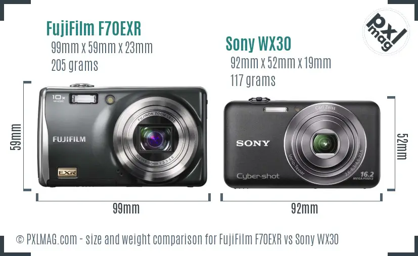 FujiFilm F70EXR vs Sony WX30 size comparison