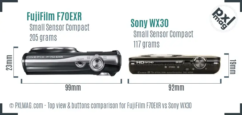 FujiFilm F70EXR vs Sony WX30 top view buttons comparison
