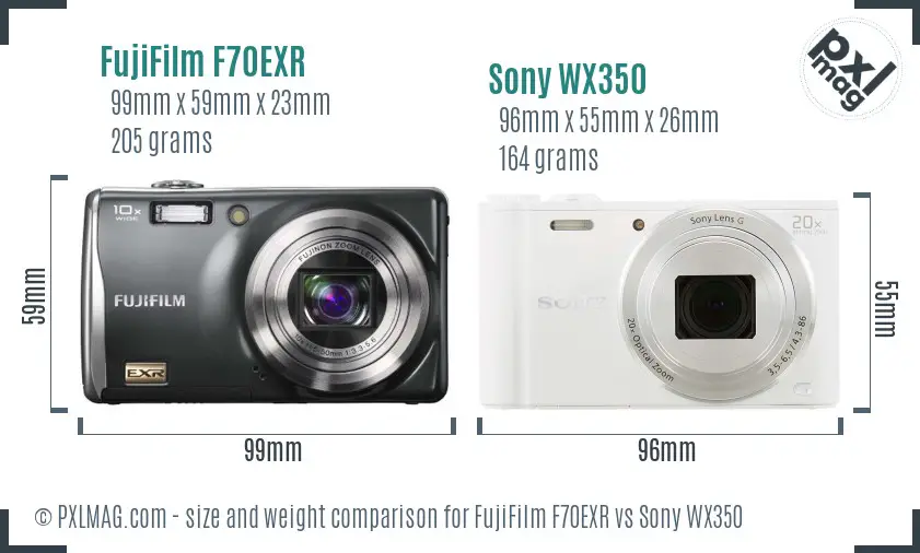 FujiFilm F70EXR vs Sony WX350 size comparison