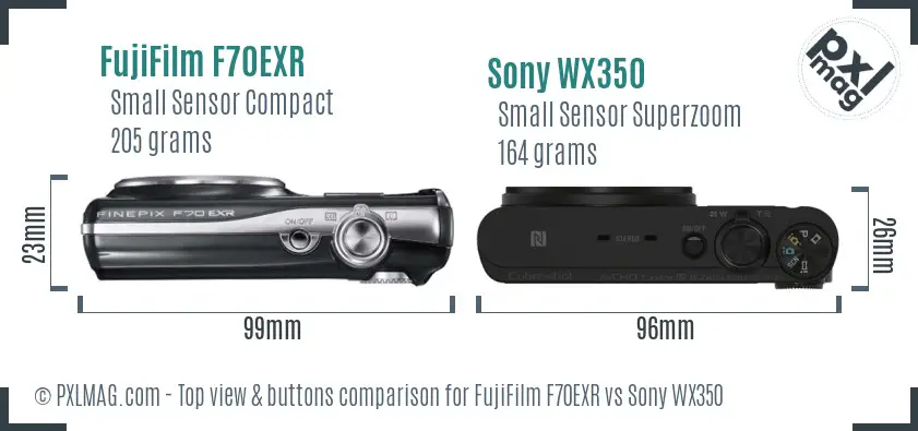 FujiFilm F70EXR vs Sony WX350 top view buttons comparison