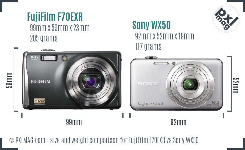 FujiFilm F70EXR vs Sony WX50 size comparison