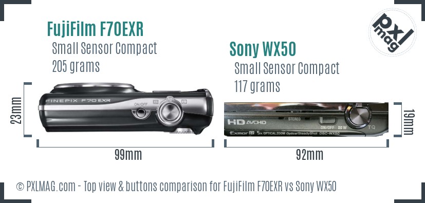 FujiFilm F70EXR vs Sony WX50 top view buttons comparison