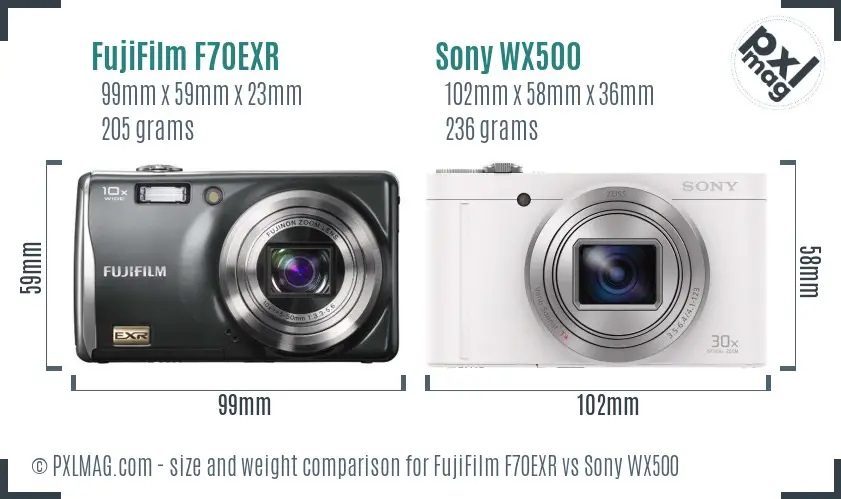 FujiFilm F70EXR vs Sony WX500 size comparison
