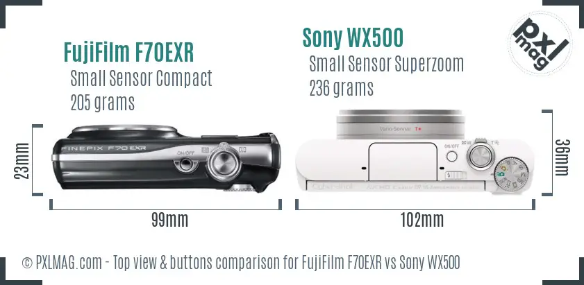 FujiFilm F70EXR vs Sony WX500 top view buttons comparison